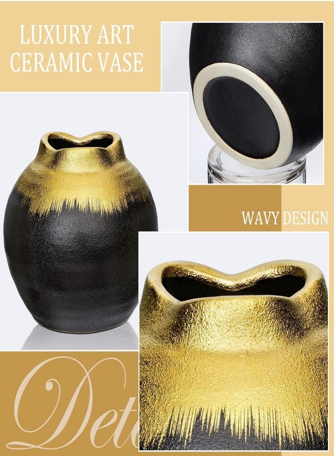 GnFlus Black Ceramic Flower Vase,Boho Vase with Unique Textures,Soft Form of Gold vase Mouth Pottery Decorative Flower Vase for Home Decor,Living Room Decoration,Table Shelf Decor - Image 5
